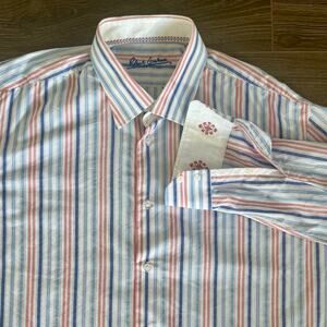 Robert Graham Button Up Shirt Men 46-18 XL XXL Stripe Embroidery 100% Cotton